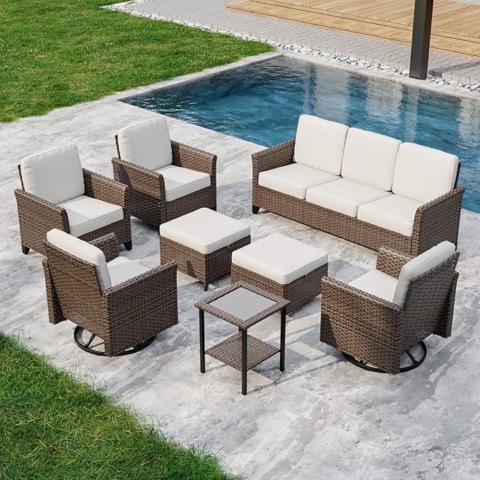 COOS BAY Harbor Retreat 8 Piece Outdoor Furniture Set, Patio Conversation Set with Swivel Rocking Chairs, Patio Chairs, Couch, Side Table and Ottomans, Wicker Furniture, Brown/Beige