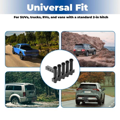 GOORIDA Hitch Mount Fishing Rod Holder, Fishing Pole Rack for Truck with 5-Rod Tubes, Adjustable for 2" Hitch Receivers & Easy to Use with Quick Release Pin
