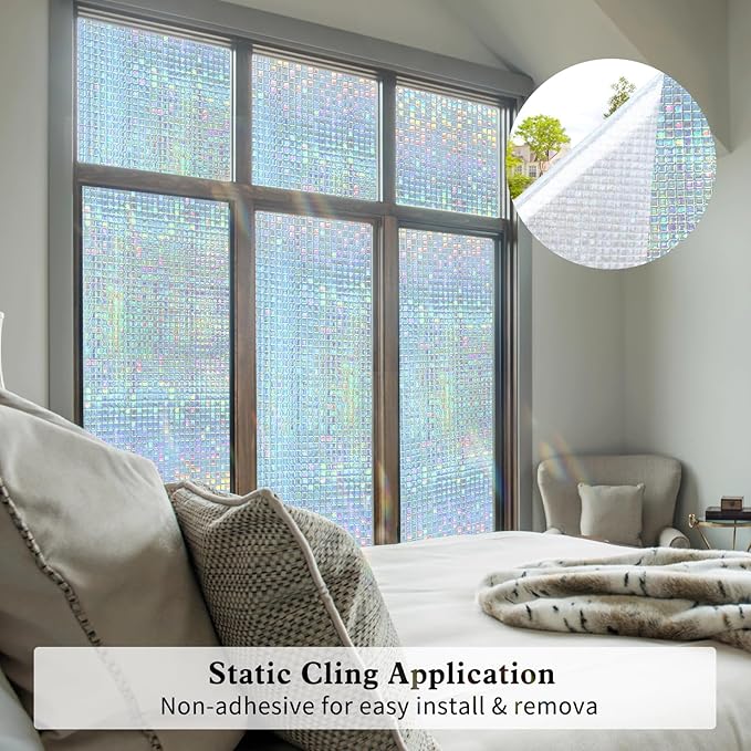 Privacy Window Film Stained Glass Non-Adhesive Rainbow Window Film Home Decorative Vinyl Static Cling Window Stickers Window Covering for Glass Door Bedroom Office 35.4 Inch x 6.8 Feet
