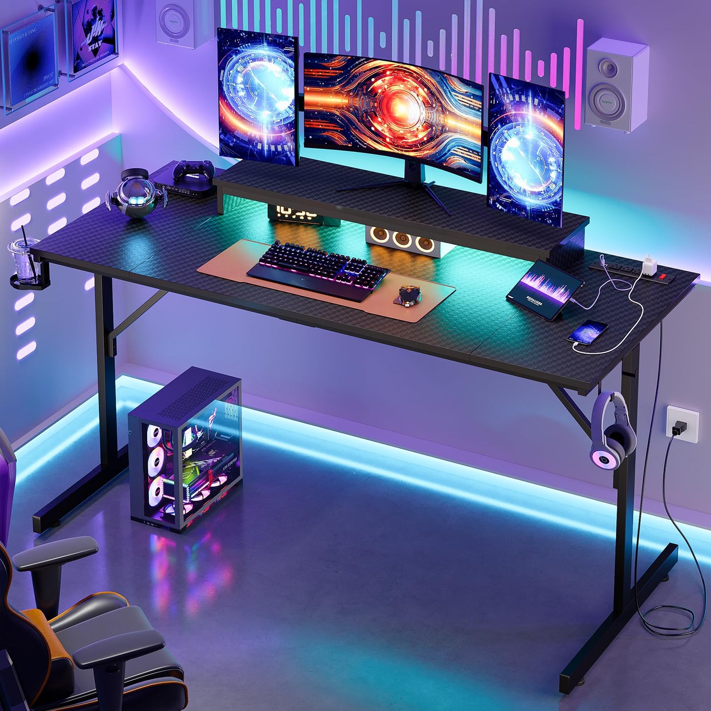 Bestier 52 inch Gaming Desk with LED Lights & Power Outlets, Computer Gaming Table with Float Monitor Stand, Kids Boys Desk with Black Carbon Fiber Texture