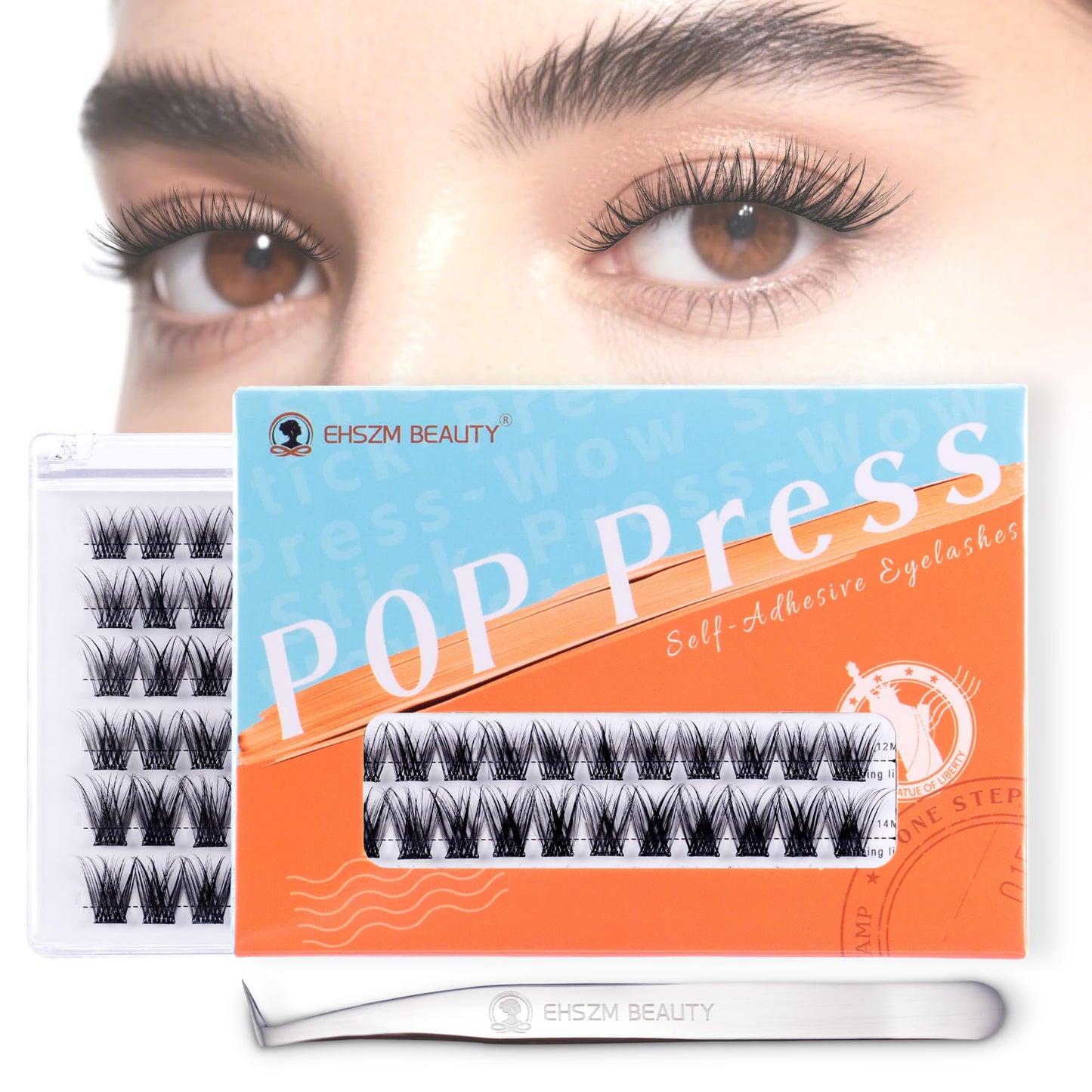 Self Adhesive Eyelashes - EHSZM BEAUTY POP-PRESS No Glue Lash Clusters | 3s Easy Apply, 24H Hold No Plastic Feeling/Damage, Natu