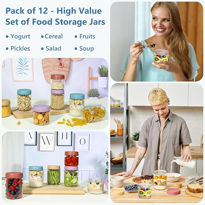 KEYWING 12 Pack Overnight Oats Containers With Lids, 10 oz Wide Mouth Mason Jars with Airtight Lids, Meal Prep Containers Food Storage Glass Jars in Bulk for Snack Yogurt Salad Spice Cereal
