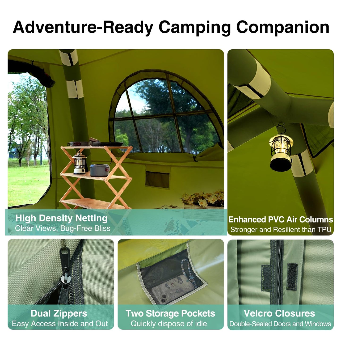 KNUO Inflatable Tent for Winter Camping 7.8x7.8ft Blow Up Air Tents, No Assembly Needed Luxury Glamping Tent for 1/2/3 People, Waterproof Oxford, Field Green