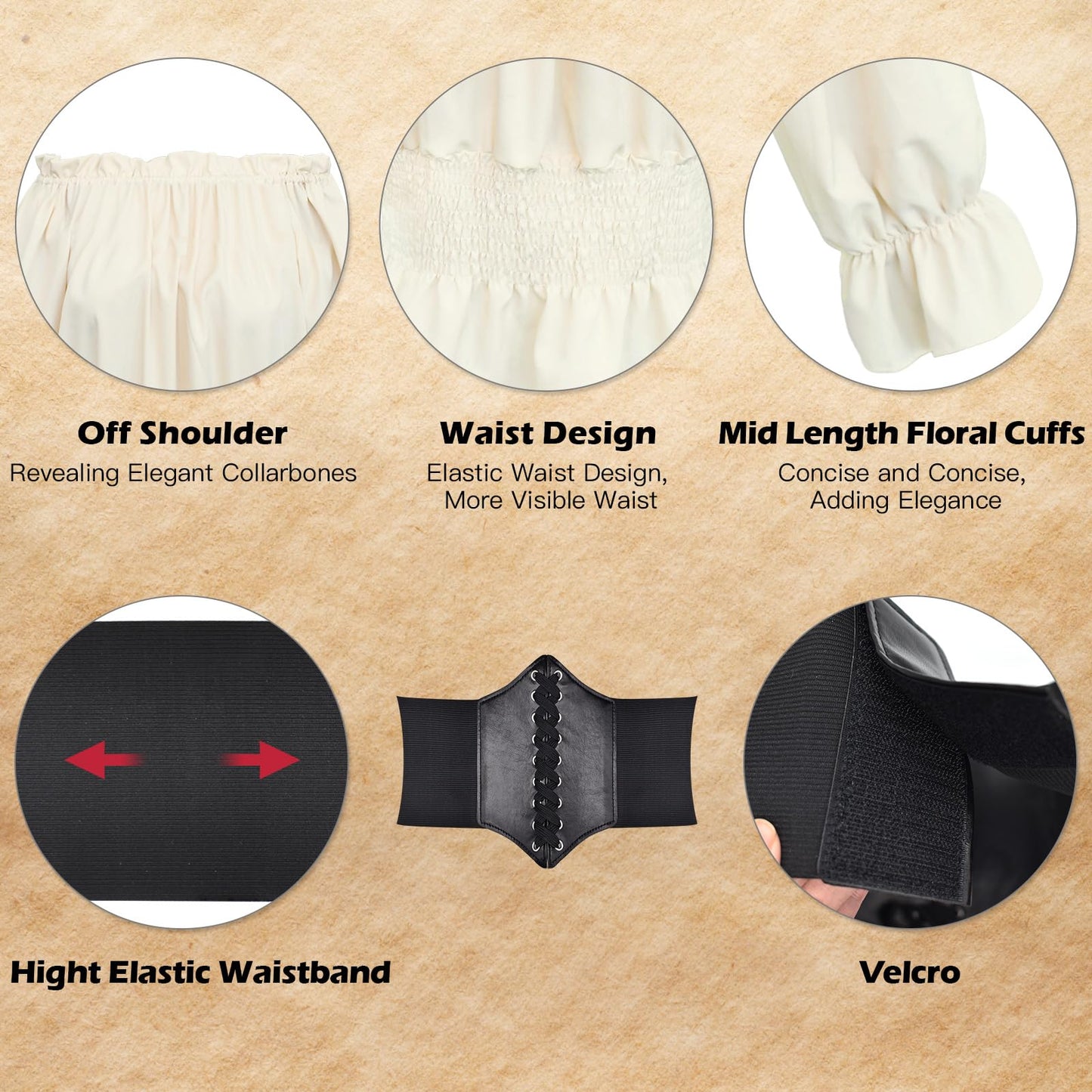 Prebene 7 Pcs Halloween Womens Pirate Costume Renaissance Pirate Blouse Tops Skirt Medieval Corset Belt Headscarf Eye Patch Outfit (Beige + Red, XXL)