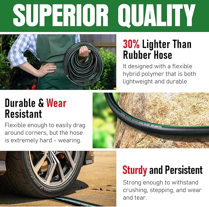 Heavy Duty Garden Hose 100ft with Nozzle, NON-EXPANDABLE Flexible Water Hose, Kink Resistant Lightweight Hybrid Hose, Leakproof Hose Male to Female Fittings