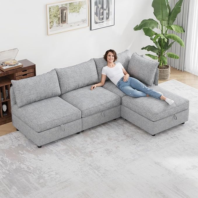 FIRLZY Modular Sectional 4 Seater Sofa with Removable Covers and Storage, Convertible L-Shaped and Sleeper Sectional, Modern Upholstered Couch with Removable Ottoman for Living Room, Gray