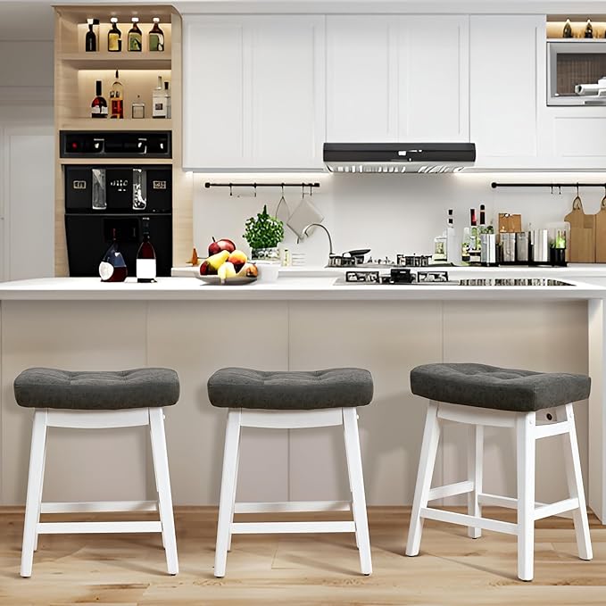 RNKSFX Counter Height Bar Stools Set of 3 for Kitchen Counter Farmhouse Modern Barstools with Faux Leather Upholstered Backless Seat and Solid Wood Legs 24 inch Bar Chairs, Grey + White