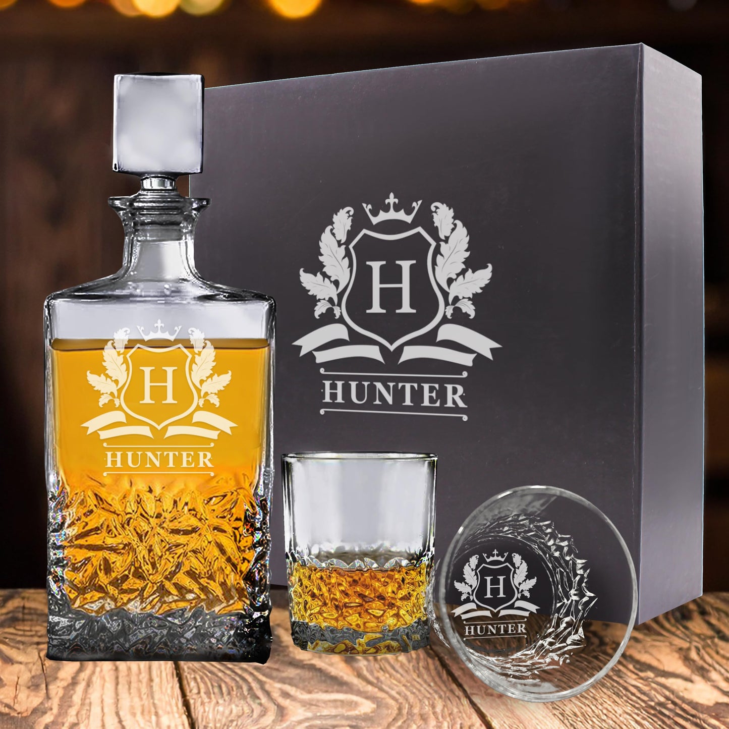 The Wedding Party Store Premium Custom Engraved Decanter - Personalized with Name (Decanter and 2 Glasses)