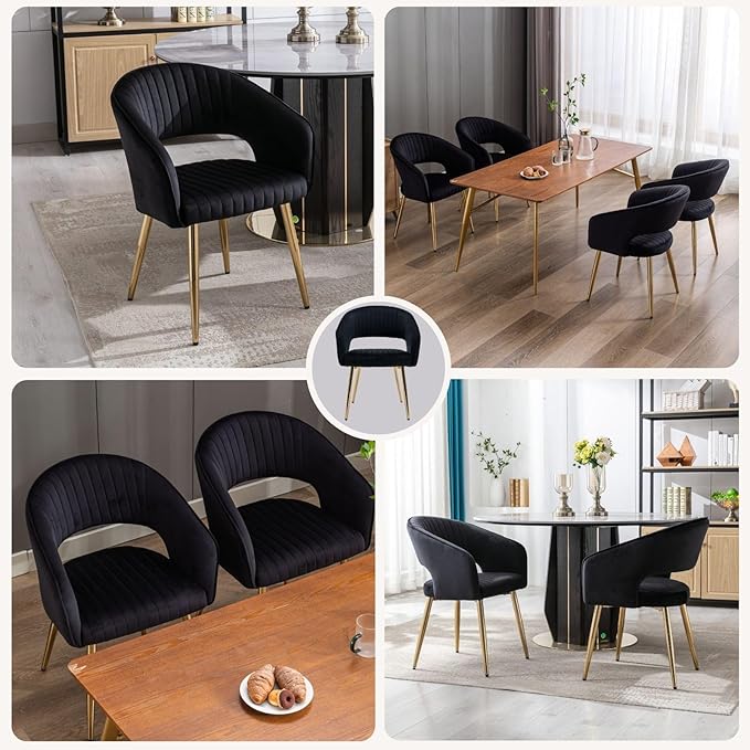 COMULER Black and Gold Velvet Dining Chairs, Modern Dining Room Chairs with Arms Set of 4 Upholstered Accent Chair Armchair with Barrel Back for Kitchen Living Room