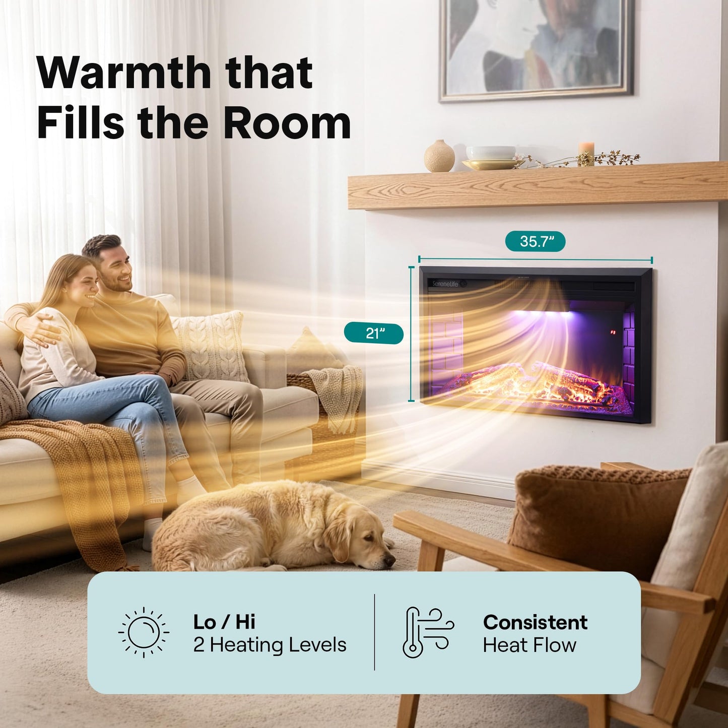 SereneLife Electric Fireplace Heater with LED Flame & Log Effects, Smart Wi-Fi, Touch Screen Panel, Remote Control, 3 Color Flame Modes, Wall Mounted Fire Place, Quiet Operation, Overheat Protection