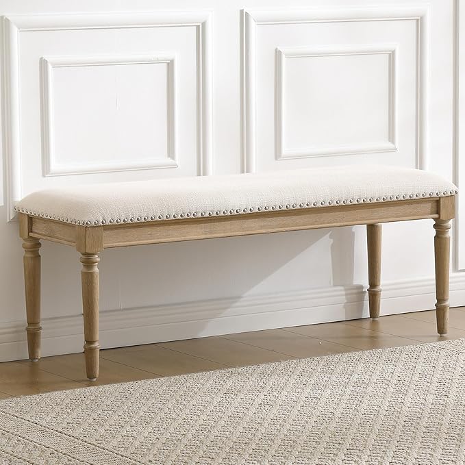 chairus Farmhouse Dining Bench 46" Wooden Entryway Bench with Padded Seat and Nailhead Trim for Kitchen Bedroom,Indoor and Hallway, Beige Linen