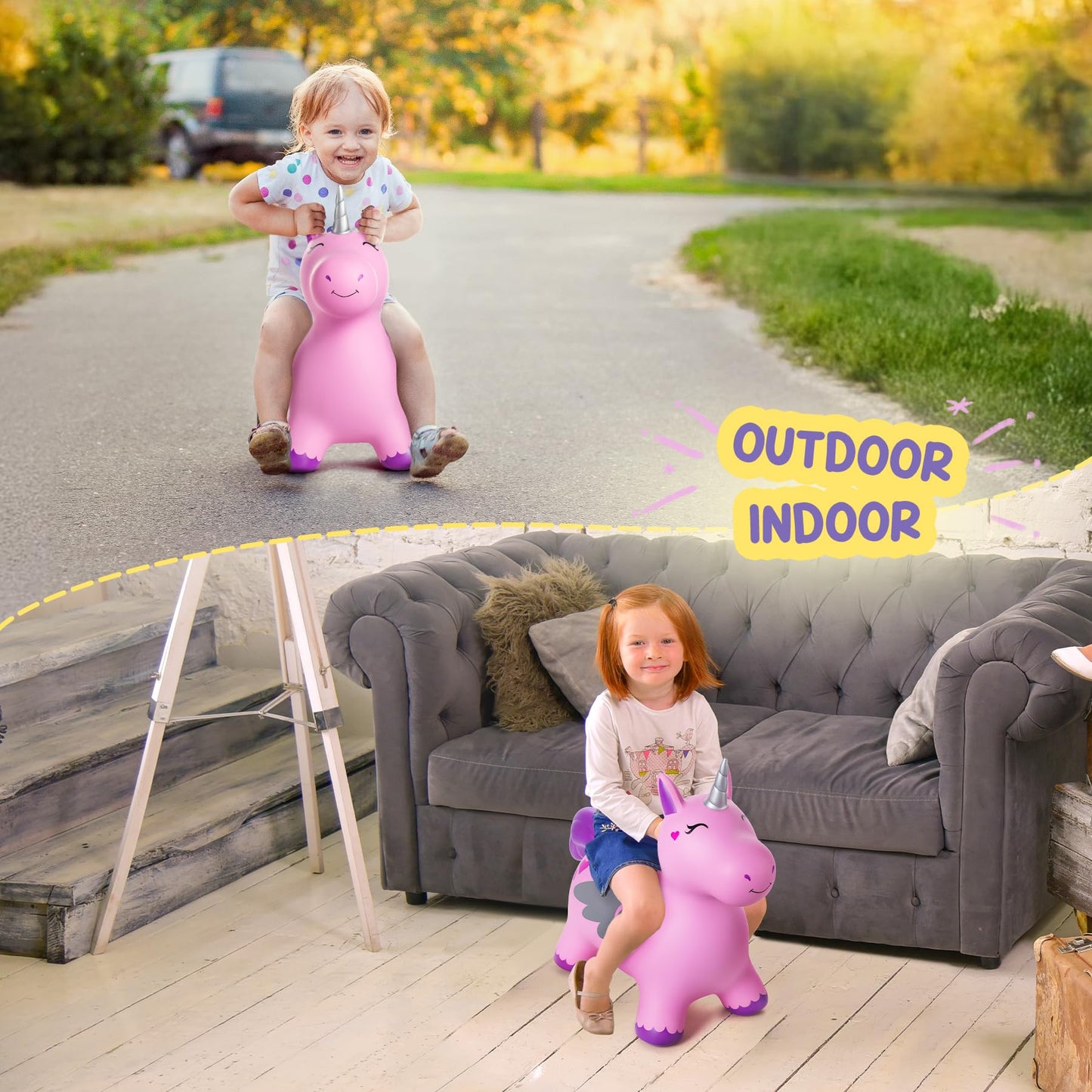 ZOOJOY Unicorn Bouncy Hopper, Inflatable Bouncy Horse Hopping Toys for Toddlers, Indoor Outdoor Bounce and Ride On Bouncer Boys Girls, Birthday Gifts for 18 Months 2 3 4 5 6 Year Old with Pump