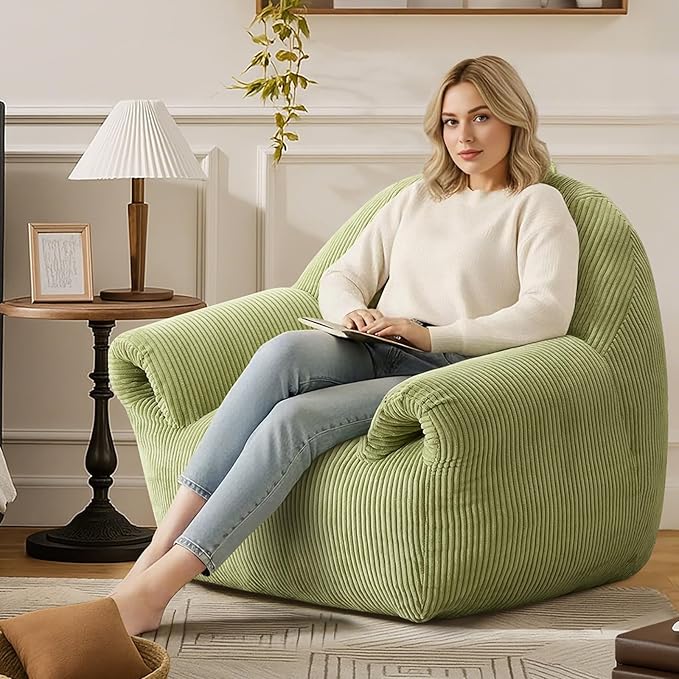 Peace nest Bean Bag Chair with Memory Foam Filled Ultra Soft Corduroy Cover for Adults Comfy Fur Bean Bag Chairs with Armrests for Bedroom Living Room Office Dorm Reading Green
