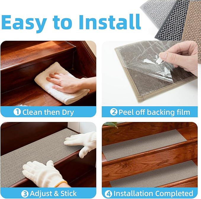 Art3d Stair Treads for Wooden Steps 15Pcs, 8" X 30" Non Slip Stair Runner Rugs with Reusable Adhesive for Elders Kids and Dogs, Machine Washable Peel and Stick Stair Treads Carpet, Beige