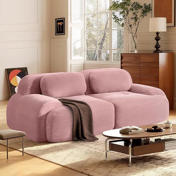 SoarFlash 81" Loveseat Sofa, Comfy Deep Seat, No Assembly, Sofa in a Box, Modern Small Couch with Plush Corduroy Fabric for Living Room, Bedroom, Apartment, Home Office, Pink