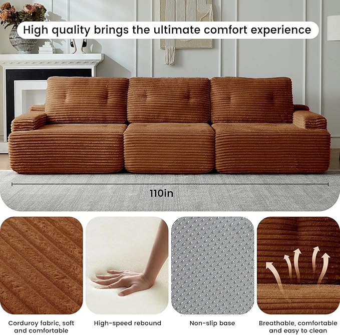 110" L-Shaped Modular Sectional Sofa with Convertible Ottoman, Cloud Boneless Sectional Couch with Deep Seat for Living Room Bedroom, Cloud Corduroy, No Assembly,Brown