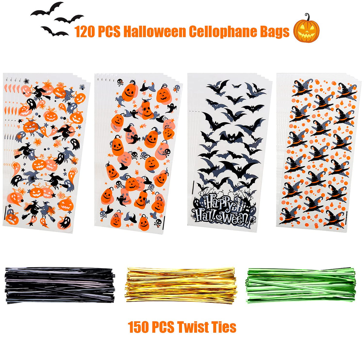 STEFORD Halloween Cellophane Bags,180 PCS Halloween Clear Cellophane Candy Gift Treat Bags for Party Favors Supplies