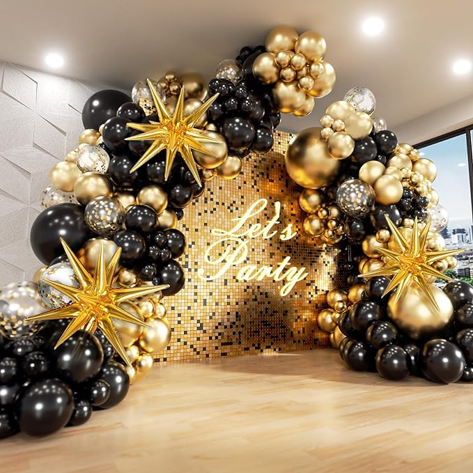 FOTIOMRG Black and Gold Balloons Garland Arch Kit, 5 10 12 18inch Black Gold Confetti Latex Balloons for 2025 Graduation N...