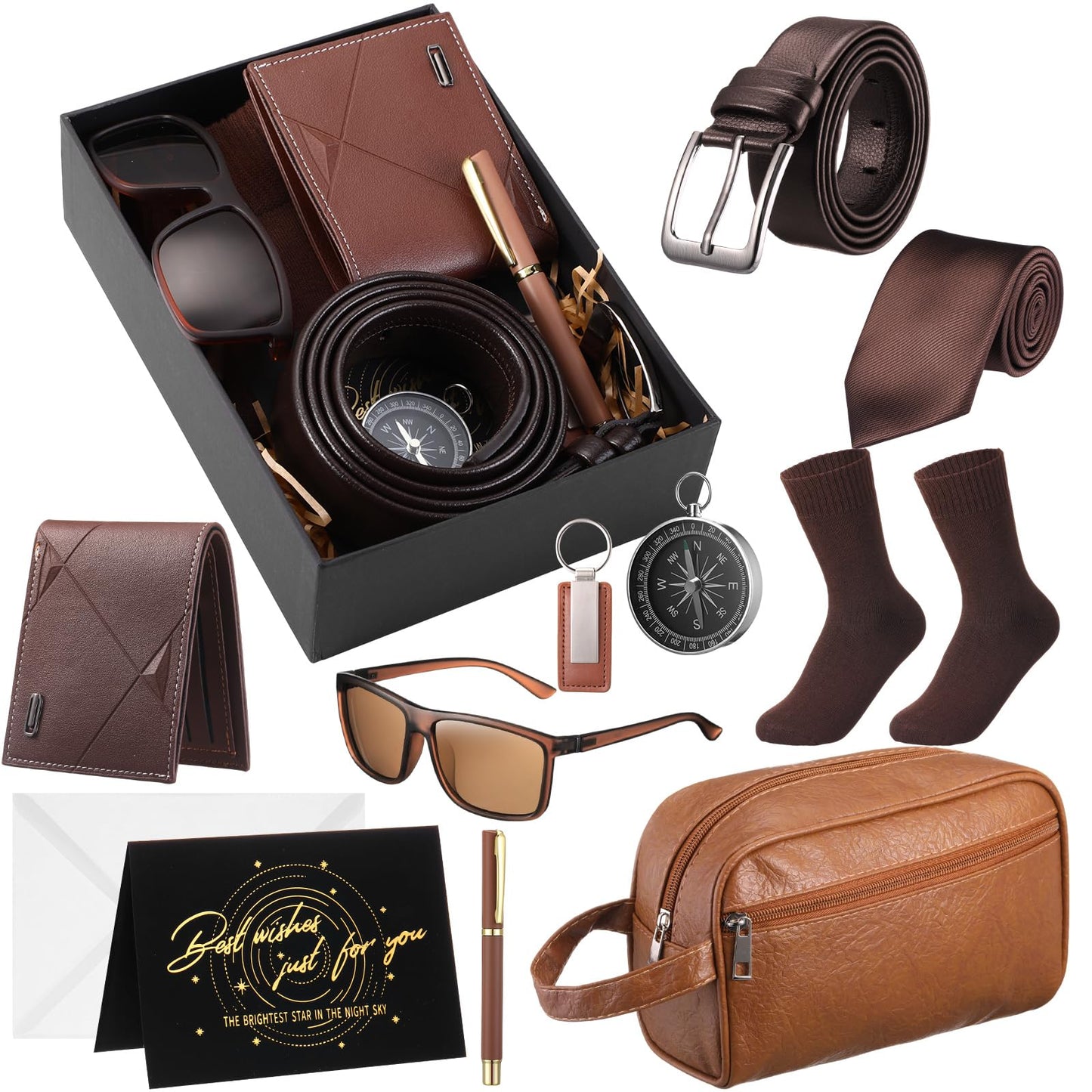 Geyoga 12 Pcs Men Birthdays Gift Set with Box for Men Dad Basket PU Leather Wallet Leather Toiletry Bag Tie Socks Belt Keychain Sunglasses Pen Compass Set for Father's Day(Brown)