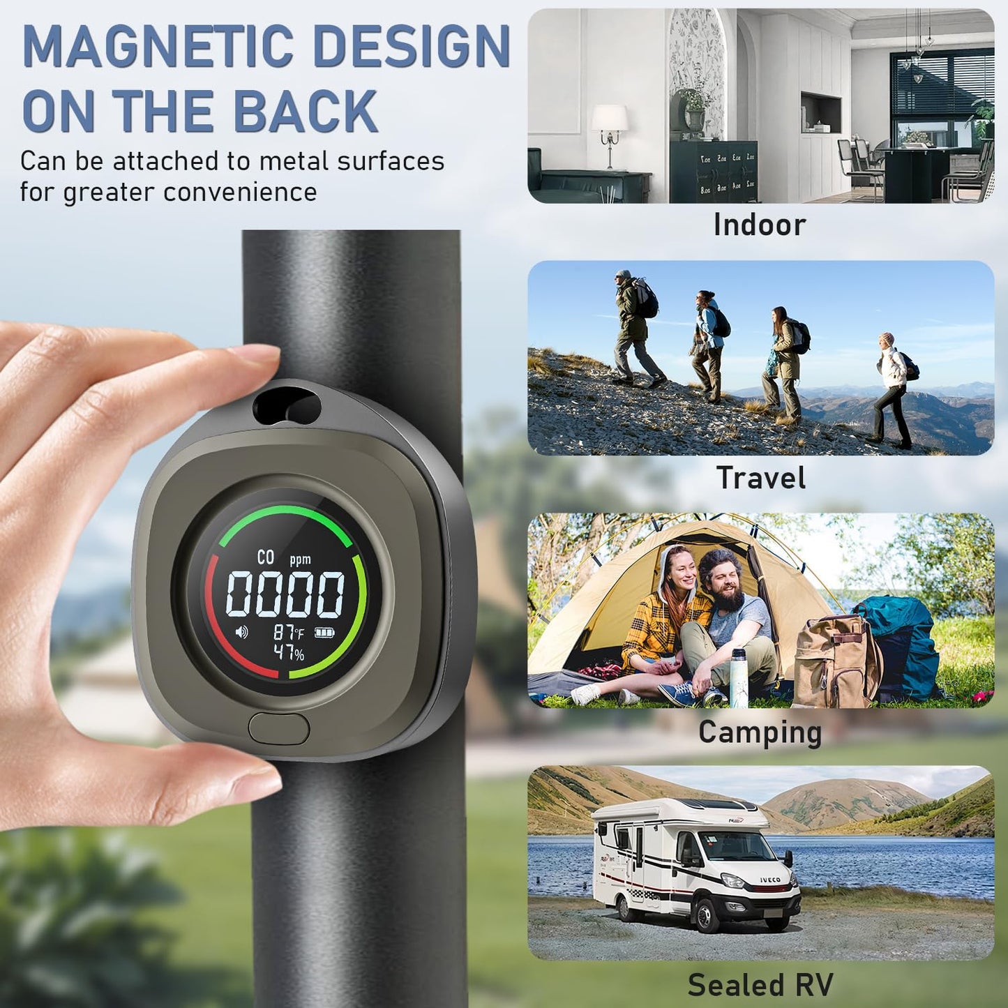 Portable Carbon Monoxide Detectors for Travel 3-in-1 Square Carbon Monoxide Monitor with 43 Detection Holes, RV CO Detector Alarm Temp/Humidity Sensor for Home, Camping & Travel Tent Car