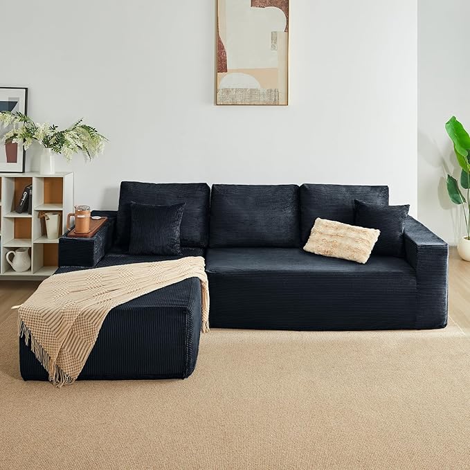 Modular Sectional Sofa Cloud Couch with Multi-Functional Armrests, Boneless Plush L-Shape Living Room Couch with Deep Seat, Fluffy Comfy Sleeper Sofa Easy Assembly (Black, Right Chaise)