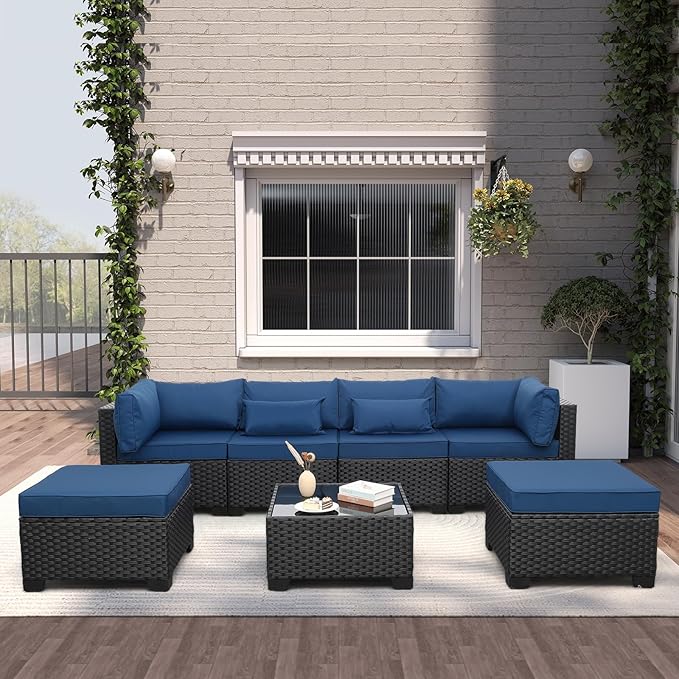 Lviden 7 Pieces Outdoor PE Wicker Furniture Set Patio Rattan Sectional Conversation Sofa Set with Navy Blue Cushions and Glass Top Table