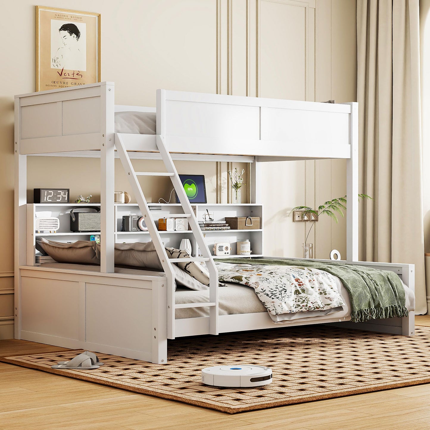 DNYN Twin XL Over Queen Bunk Bed with Storage for Kids/Adults,Solid Wood Bedframe w/Cabinets & USB Ports Design,Perfect for Bedroom, Guest Room, White