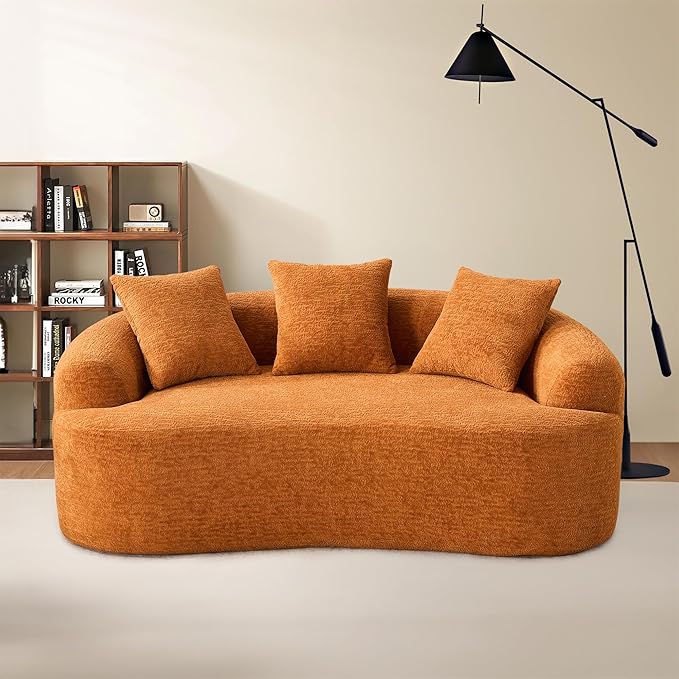 65'' Modern Curved Cloud Loveseat Sectional Sofa for Small Spaces, Luxury Plush Chenille Deep Seat Couch with 3 Pillows, No Assembly Needed Apartment Living Room Furniture, Orange