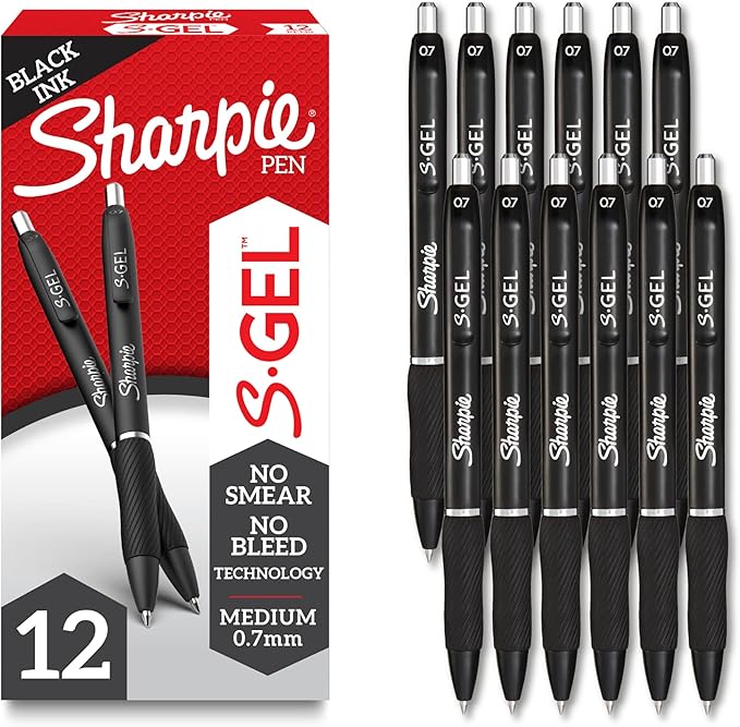 Sharpie S-Gel Gel Pens, Black Barrel, Medium Point (0.7mm), Black Gel Ink Pens, 12 Count - Home, Office, School, Journalin...