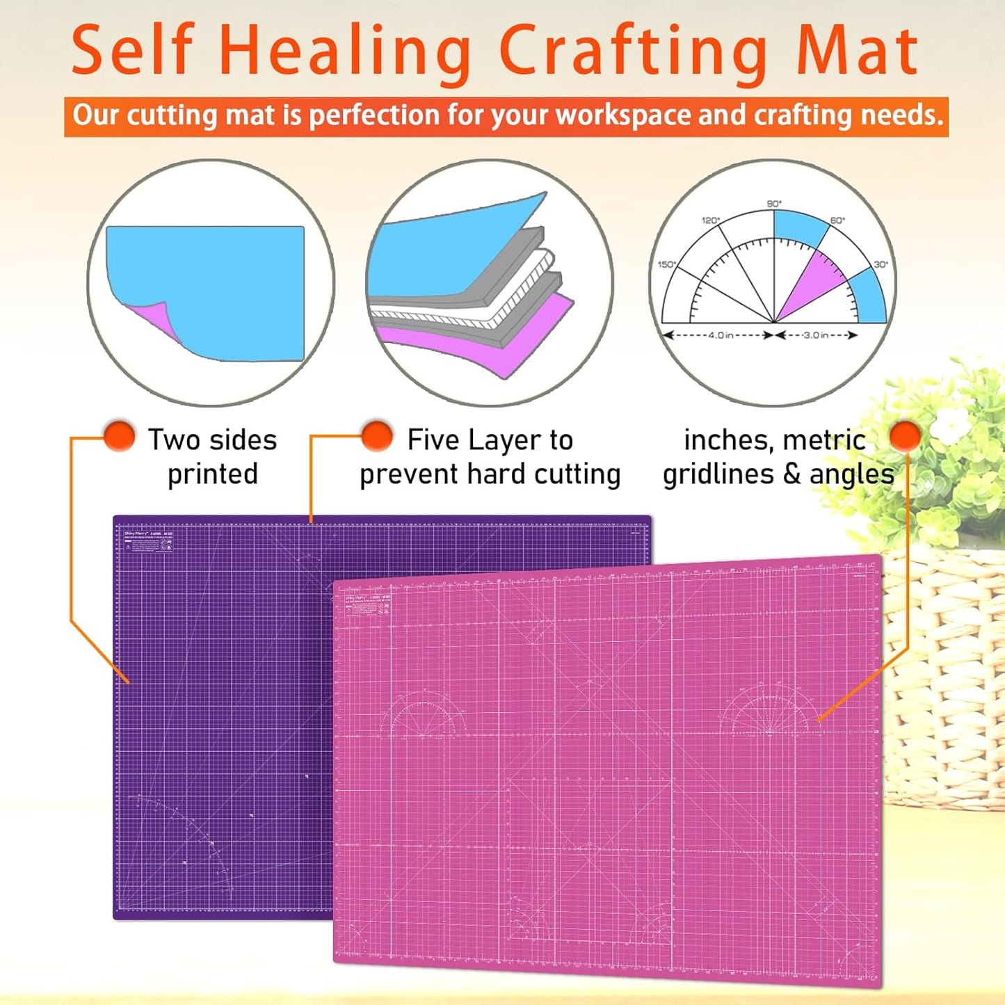 Self Healing Cutting Mat A0 36"x48" – Double Sided 5-Ply Craft Mat for Sewing, Quilting, Fabric, Scrapbooking – Pink/Purple
