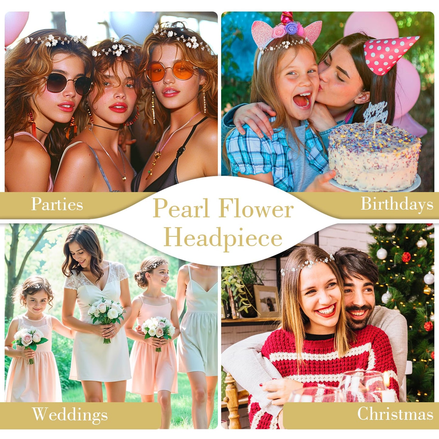 Flower Crown for Girls, Bridal Pearl Headband Women Floral Crowns for Wedding and Birthday, Flower Girl Hair Accessory Headpiece