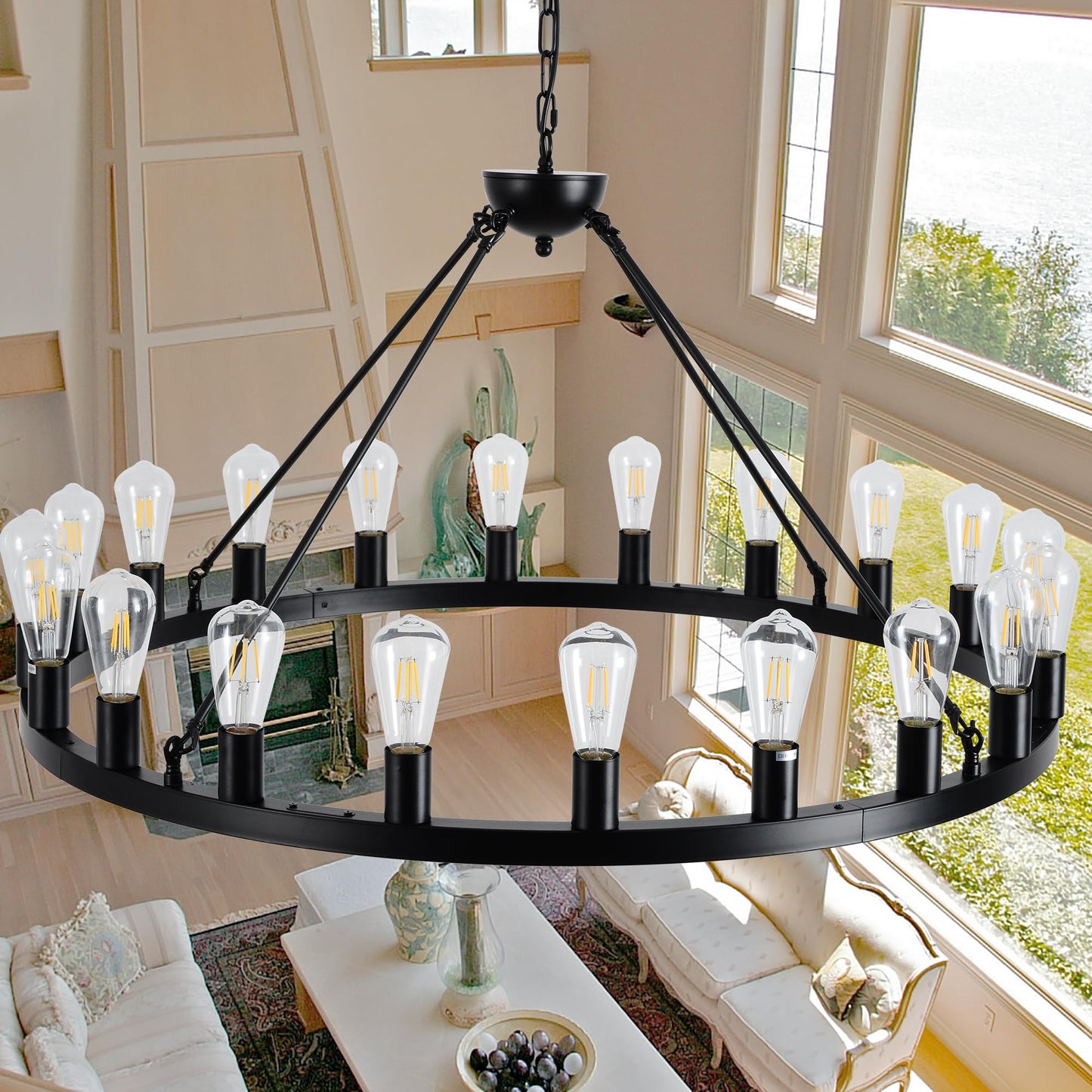 SARUDIIR 40 inch Black Wagon Wheel Chandelier 20-Light Farmhouse Round Wheel Chandeliers Hanging Light Fixture Outdoor Wagon Wheel Chandelier for Porch for High Ceilings Dining Room