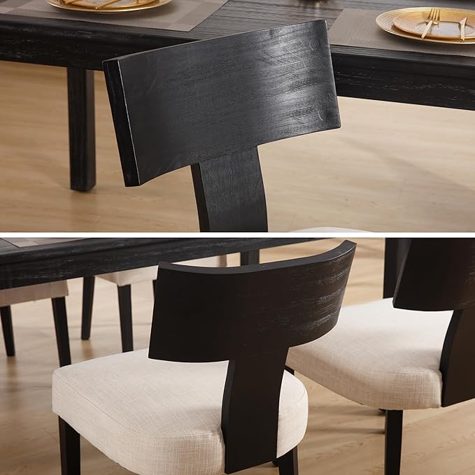 DM Furniture Farmhouse Dining Chairs Set of 6, Linen Fabric Upholstered Kitchen Chairs with Black Distressed Wooden Legs, Comfy Armless Side Chairs for Dining Room/Restaurant, Beige-Black Legs