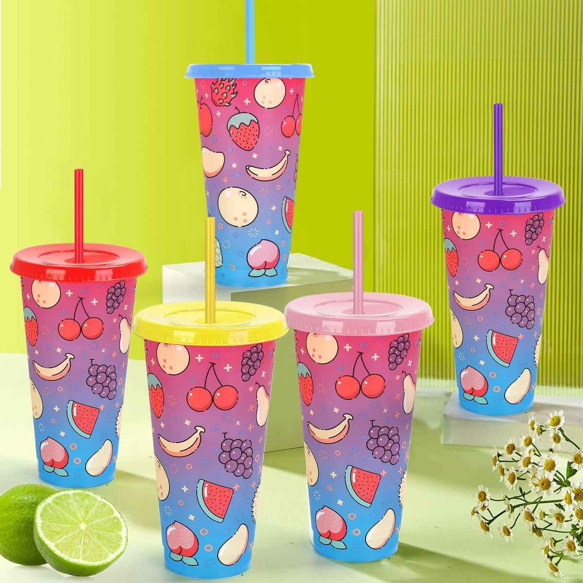 Ftabernam Color Changing Cups, 5-Pack 24 oz Plastic Cups with Lids and Straws, Reusable iced coffee cup for Women, Adults, Kids Party, Cute Cup for Ice Drink