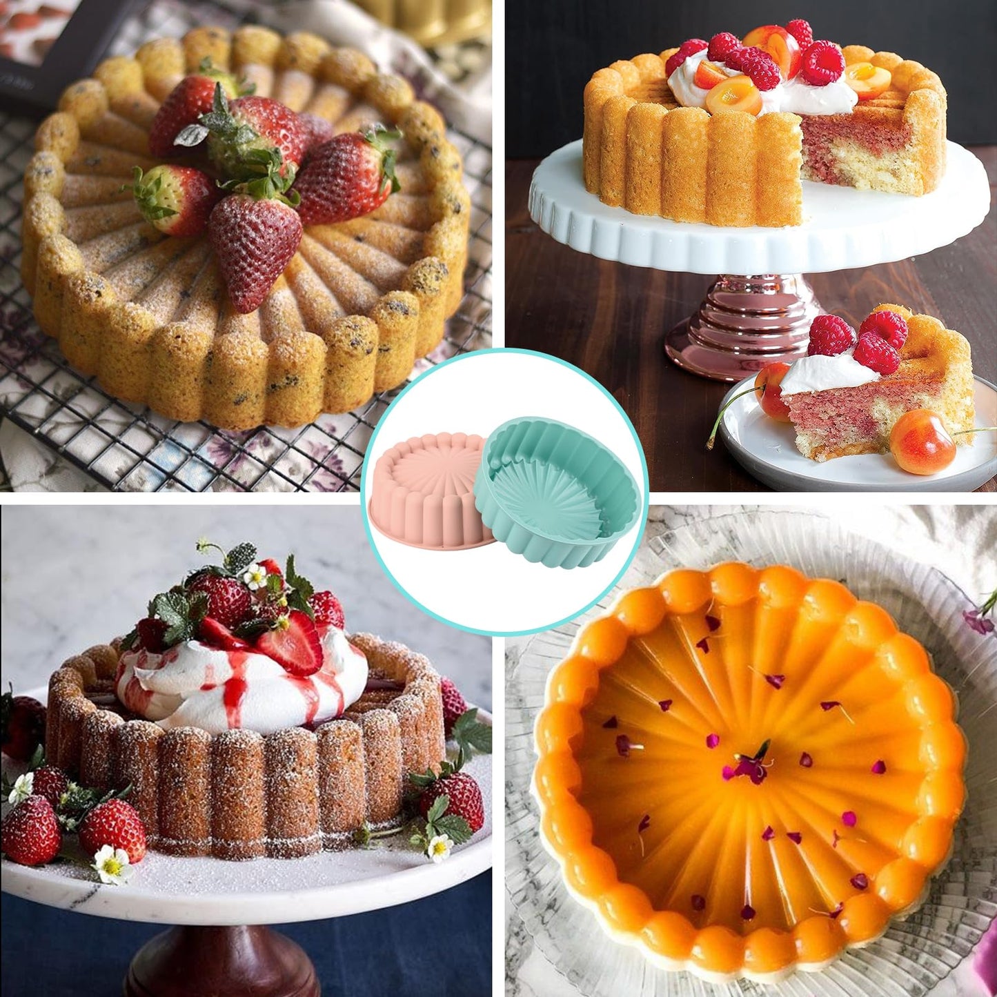 HUAKENER 2 Pcs Charlotte Cake Pan, 8 Inch Round Cake Pan, Nonstick Silicone Cake Molds for Cheese Cake, Chocolate Cake, Rainbow Cakes, Strawberry Shortcake, Brownie Tart Pie