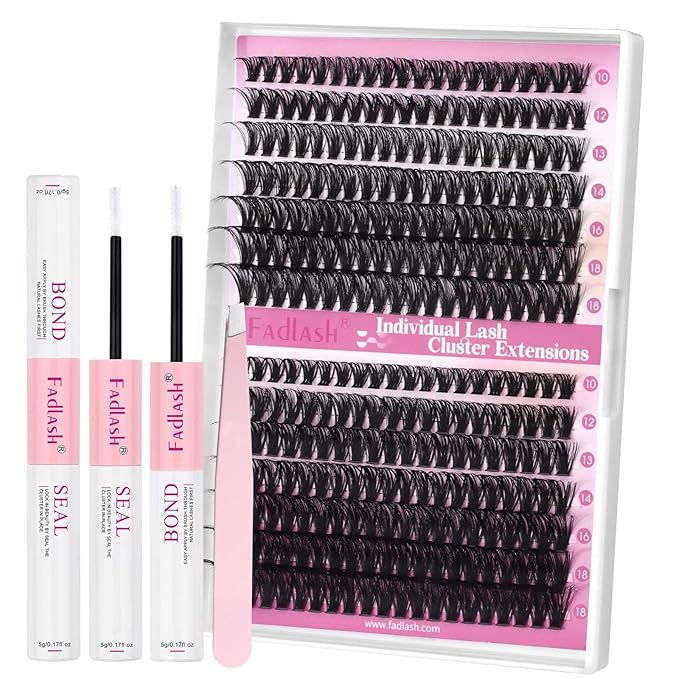 FADLASH Lash Extension Kit 50D+60D Lash Clusters D Curl Lash Cluster Kit DIY Eyelash Extension Kit with Lash Bond and Seal Lash Tweezer Cluster Lashes (Kit, 50D+60D-07D-Mix10-18)
