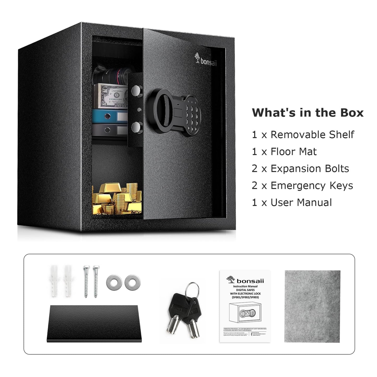 Bonsaii Steel Safe Box with Digital Keypad Lock, 1.2 Cubic Feet Security Document Safe with Removable Shelf for Home, Hotel, Office, Valuables, Money, 12.99 x 14.17 x 12.99 Inches
