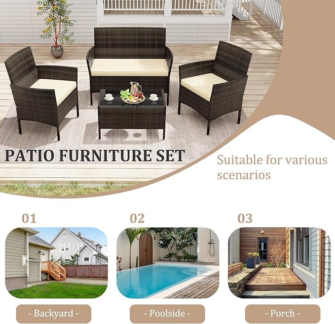 KOTEK 8 Piece Patio Furniture Set, Outdoor Rattan Conversation Set with Loveseat, Wicker Chairs, Tempered Glass Coffee Table, Wicker Patio Set for Backyard, Porch (Beige)