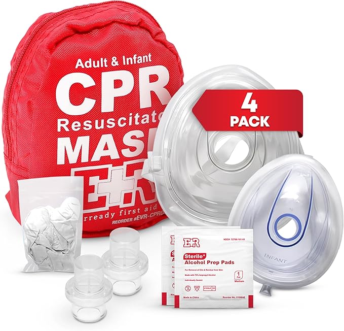 Adult and Infant CPR Mask Combo Kit – 4-Pack – 8 Valves, 4 Gloves, 8 Alcohol Pads – Latex-Free, Portable Pouch for First R...
