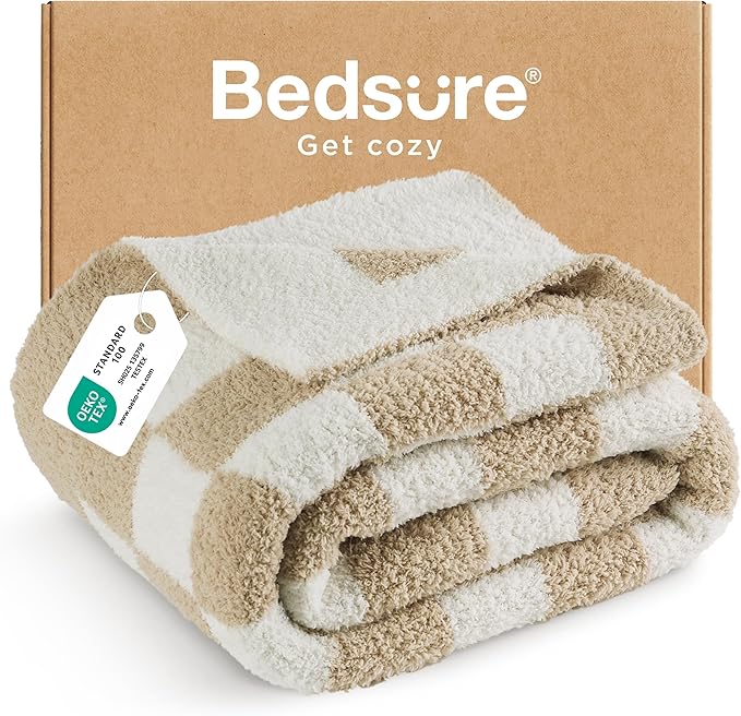 Bedsure Throw Blanket for Couch Bed Sofa - Super Soft, Beige, Checkered Throw Blanket, GentleSoft, Fluffy, Cozy, Santa Gif...