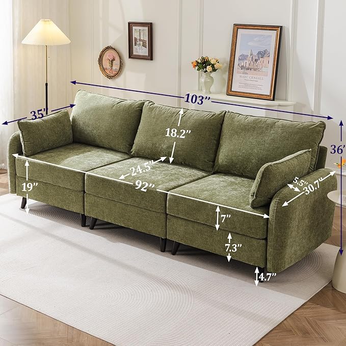 Rexulqo 104'' Modular Sectional Sofa with All Seats Storage,Oversized 3-Seater Comfy Cloud Couches with Deep Seat,Big Couch for Living Room,Bedroom,Velet,Green