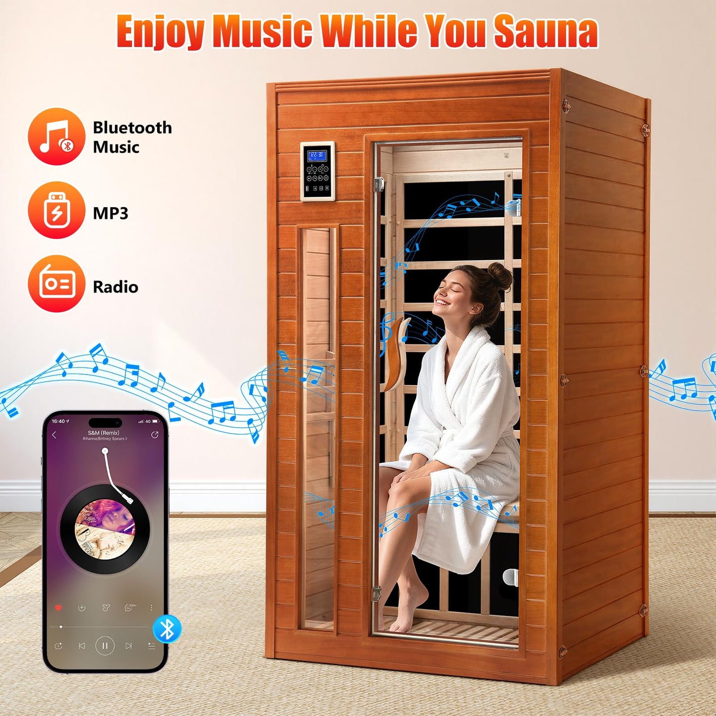 X-Vcak 1-2 Person Infrared Sauna, Dry Heat Sauna with Red Light Therapy, Bluetooth, Radio, 7-Color Therapy Light for Home, Indoor, Gym, Wellness Center, 36″ x 36″ x 73″, Brown