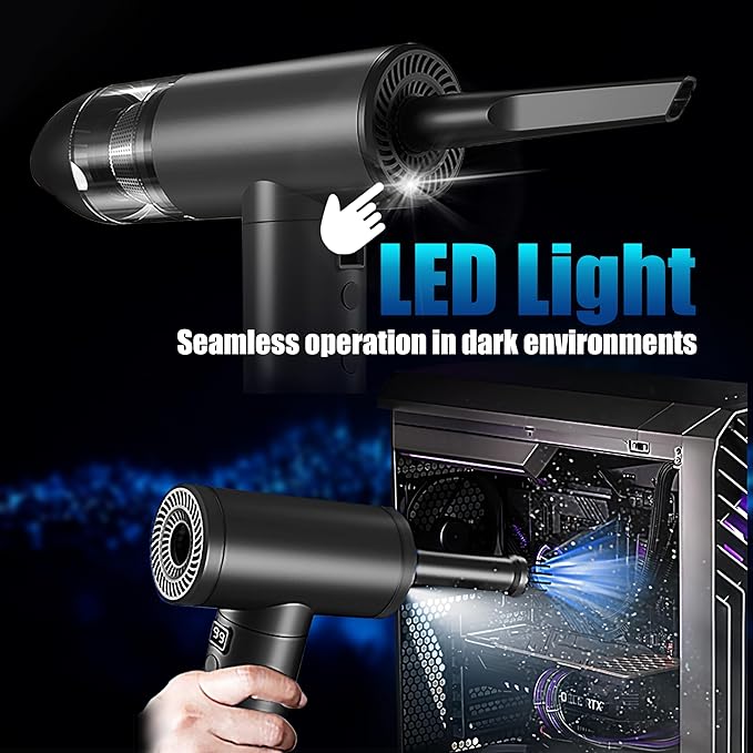 Electric Air Duster Rechargeable 2-in-1 91,000 Super Power Air Blower Cordless with Car Vacuum and LED Light, 7500mAh Battery Electric Duster for PC, Keyboard, House, Car Cleaning - Black