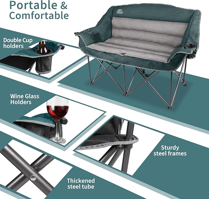 LANMOUNTAIN Fully Padded Folding Double Camping Chairs,Comfy Oversized Loveseat Lawn Chair w/Wine Glass Holder,Cup Holder,Heavy Duty Outdoor Portable Camp Couch Support 600 Lbs,Dark Green