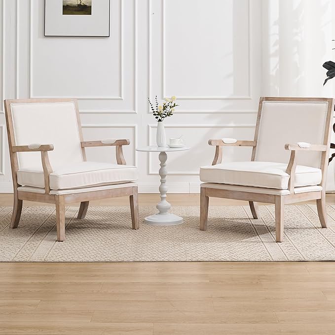 DM Furniture Mid Century Modern Accent Chair Upholstered Living Room Chairs with Armrest Linen Fabric Comfy Lounge Armchair Retro Solid Wood Reading Chair for Bedroom, Guest Room, Balcony, Beige