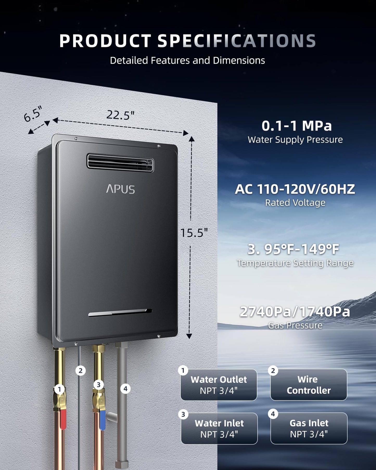 APUS 190,000 BTU Outdoor Tankless Water Heater, 8.1 GPM Propane Instant Hot Water Heater with WiFi & Remote Control, High Efficiency for Supports 5 Outlets