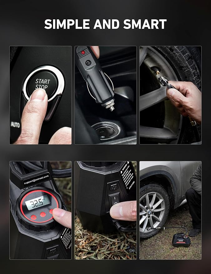 AstroAI Tire Inflator Portable Air Compressor Tire Air Pump for Car Tires - Car Accessories, 9.8Ft Cord-12V DC-Powered Auto Pump with Digital Pressure Gauge, LED Light for Bicycle, Balloons, Red