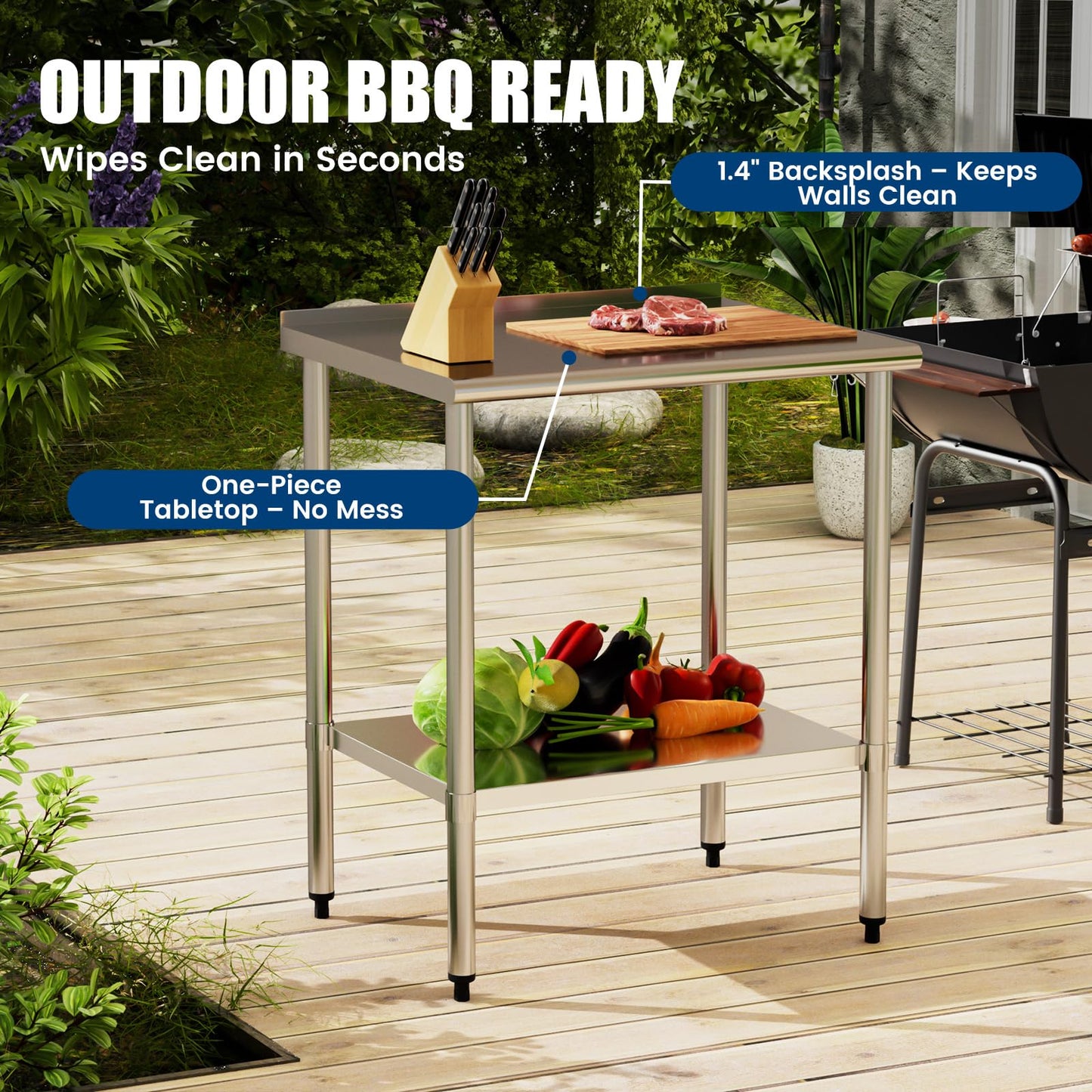 Chingoo Stainless Steel Work Table 24x30 Inch with Adjustable Undershelf & Backsplash, Heavy-Duty Prep Table for Commercial Kitchen, Restaurant, Garage, Outdoor