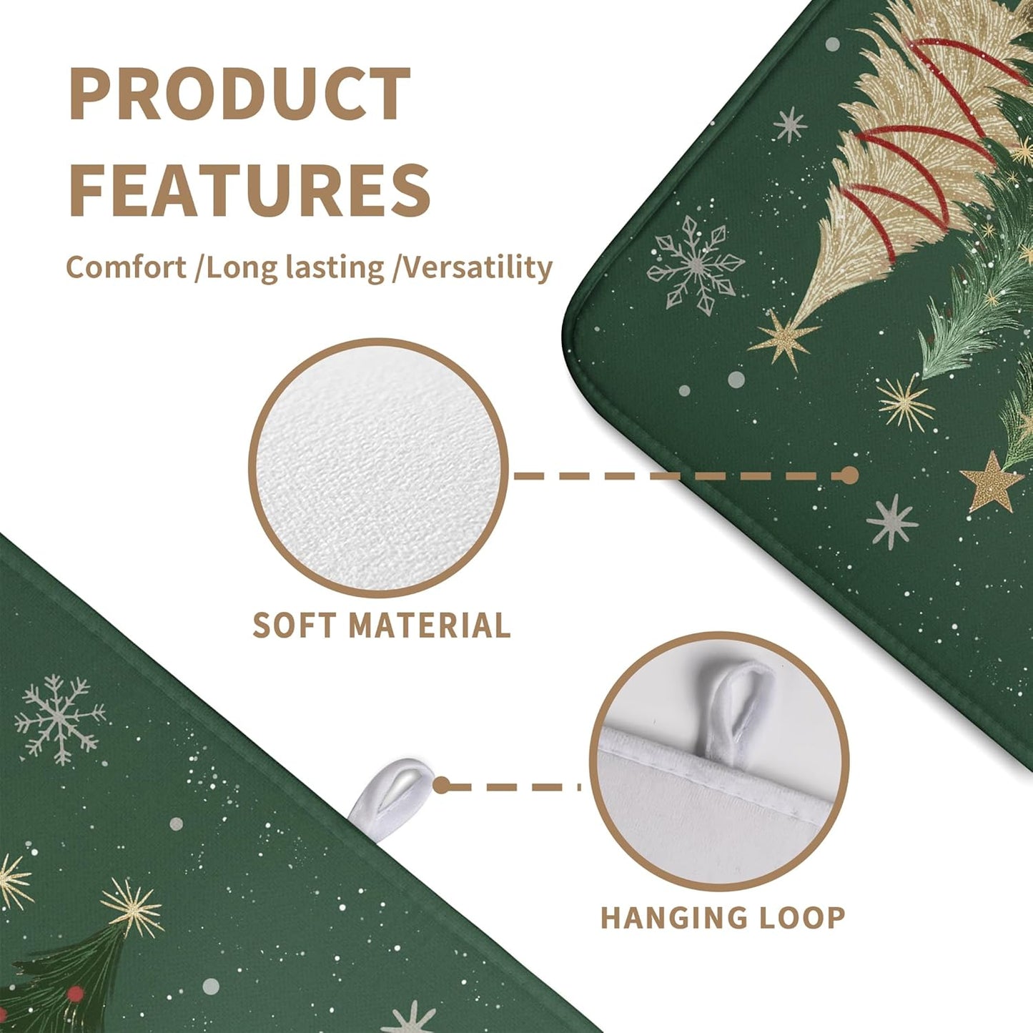 Green Christmas Tree Snowflakes Dish Drying Mat for Kitchen Counter 18x24 Inch Winter Xmas Holiday Dish Rack Mat Absorbent Microfiber Dish Draining Mat Reversible Drainer Pad