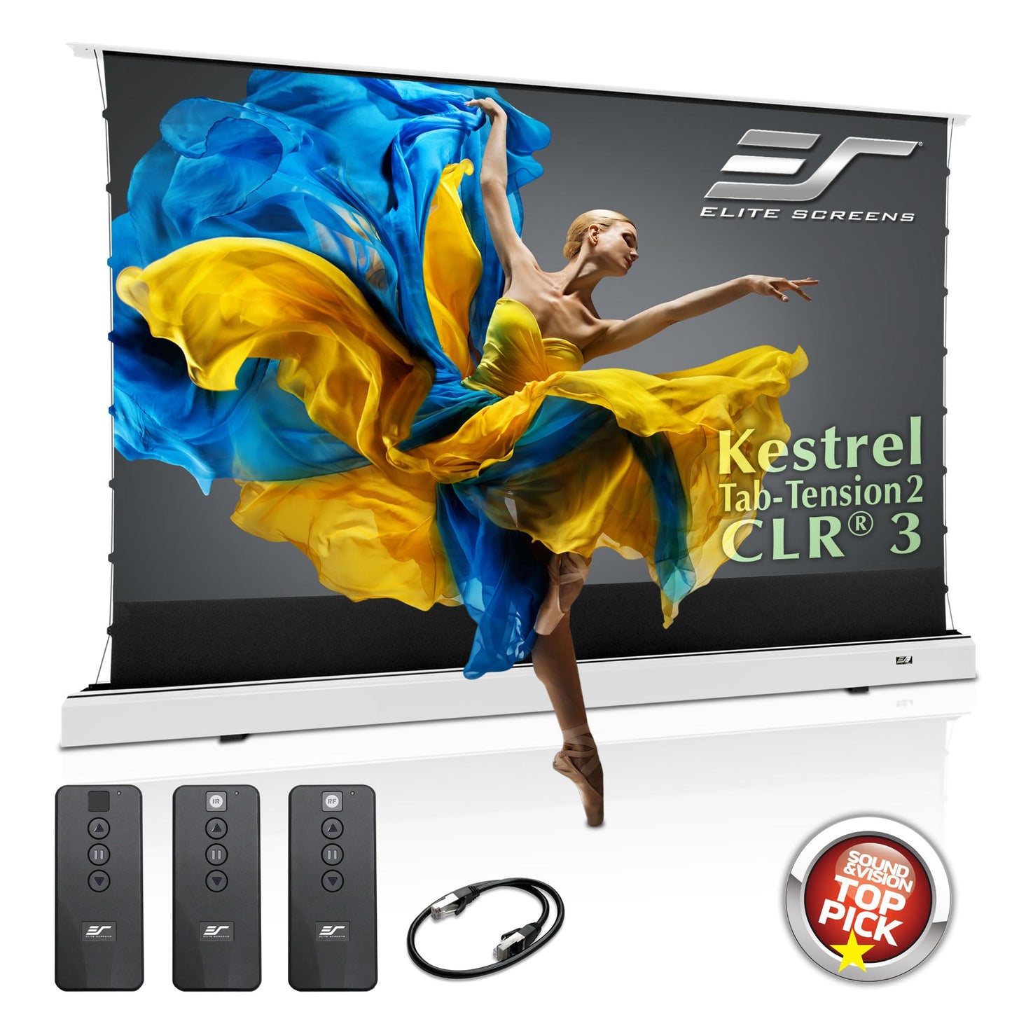 Elite Screens Kestrel Tab-Tension 2 CLR3, 101" 16:9, Ultra-Short Throw Ceiling Ambient Light Rejecting (CLR/ALR) Electric Floor-Rising Motorized Front Projector Screen,White Casing, FTE101XH3-CLR3
